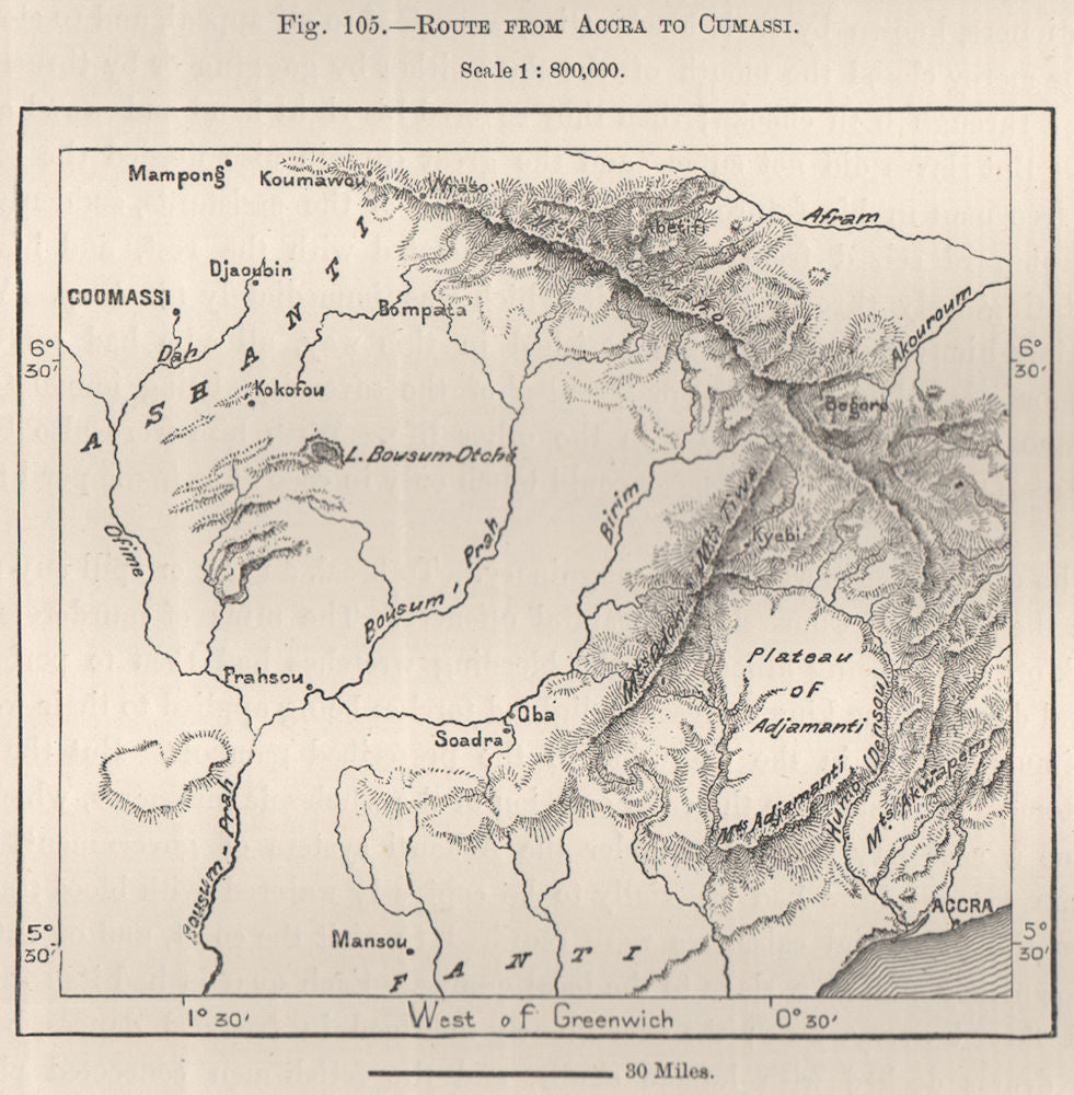 Route from Accra to Cumassi(Kumasi/Comassie/Kumasi).Ashanti.Ghana 1885 old map